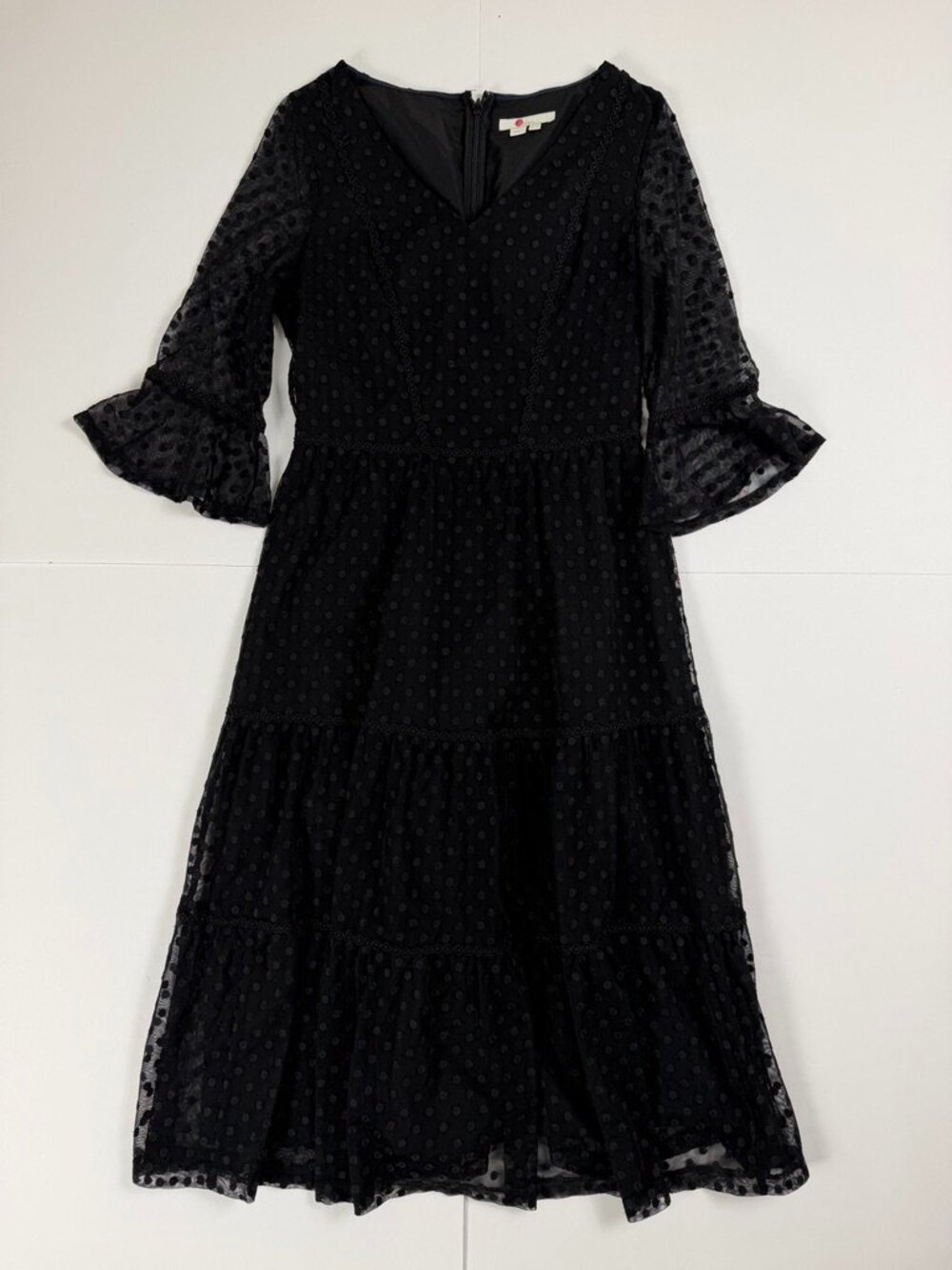 Boden‎ Black Swiss Dot Tiered Midi Dress US 6